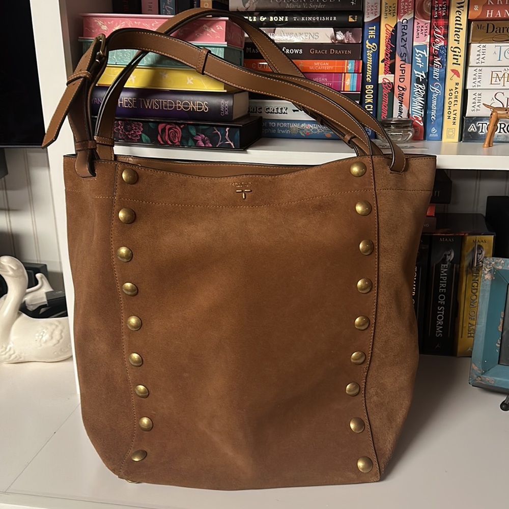 Tory Burch Rowan Suede Oversized Tote Brown Gold grommets 15¾"W X 12¼"H X 9½"D